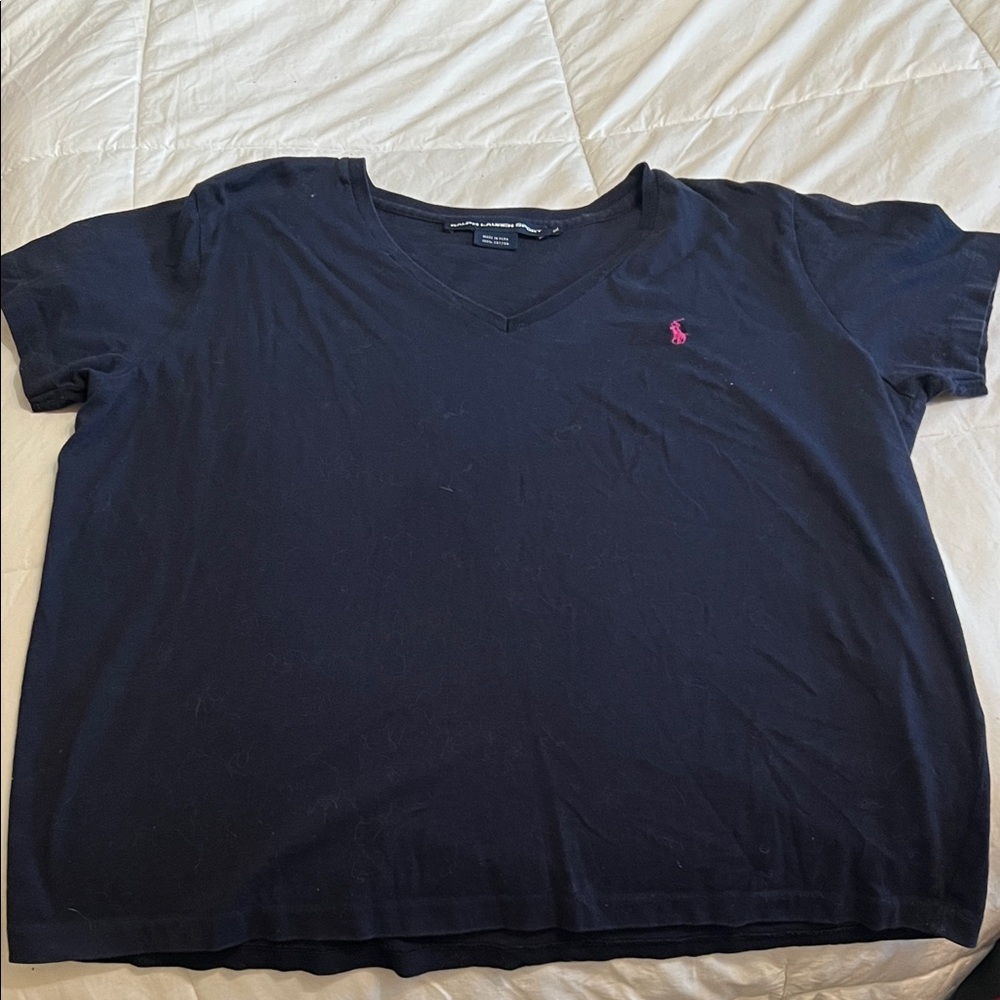 Navy Ralph Lauren V-Neck T-Shirt with Pink Logo